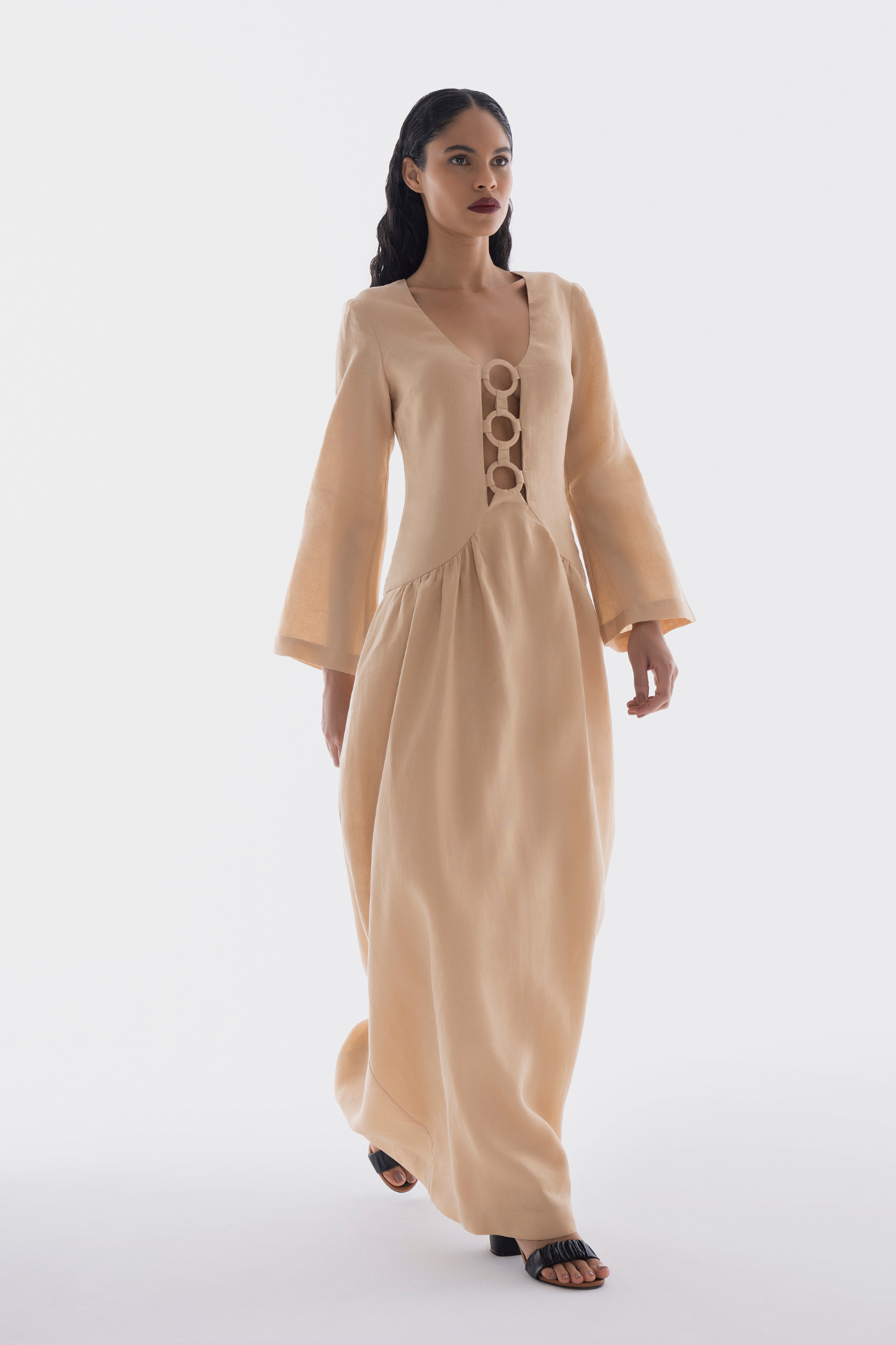 VESTIDO LINHO ARGOLA MANGA LONGA